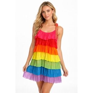 Pitusa Rainbow Tiered Mini Dress Neon Ruffle Boho Beach Coverup NWT